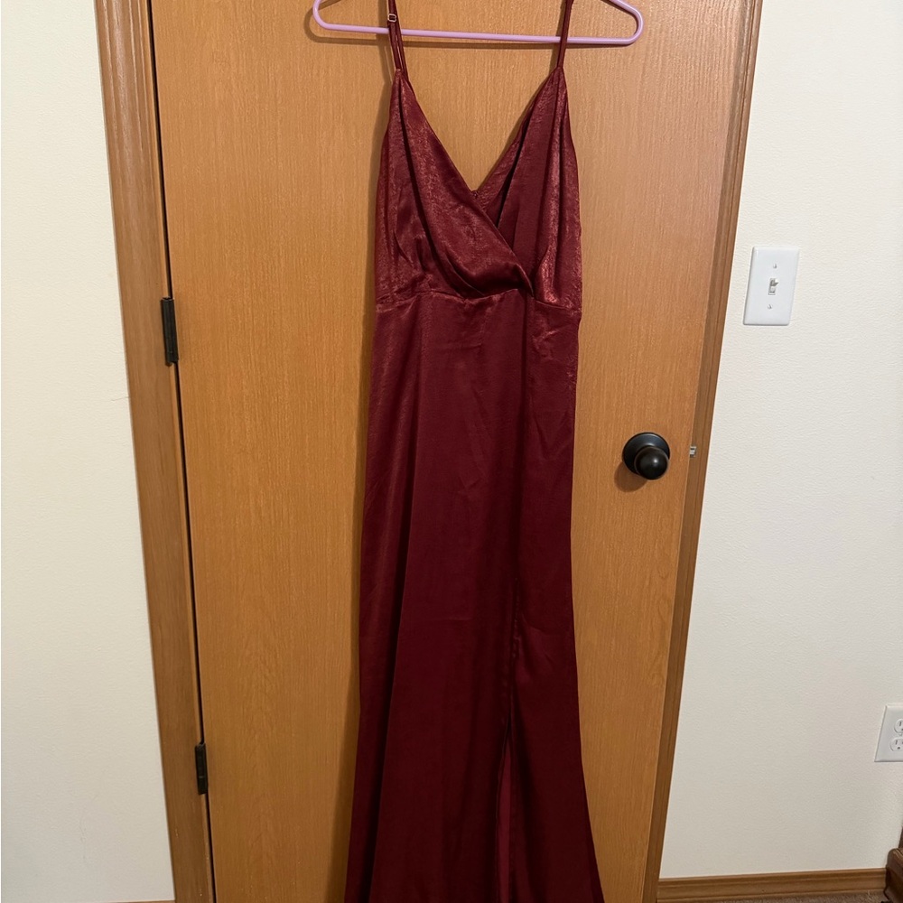 Lulu's Burgundy Satin Maxi Slip Dress with V-Neck